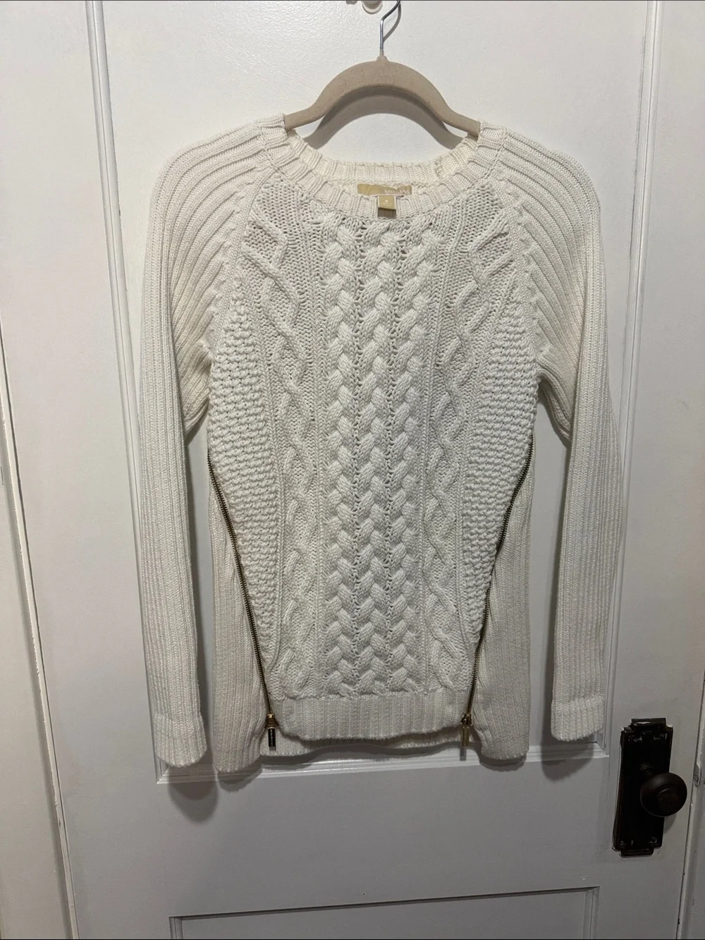 Michael Kors White Cable-Knit Crewneck Sweater with Side Zip Detail